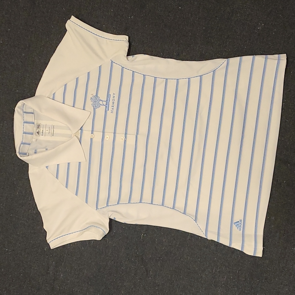 Adidas Climacool Golf Polo Shirt Harmony Club Golf Stripe White Blue Womens S